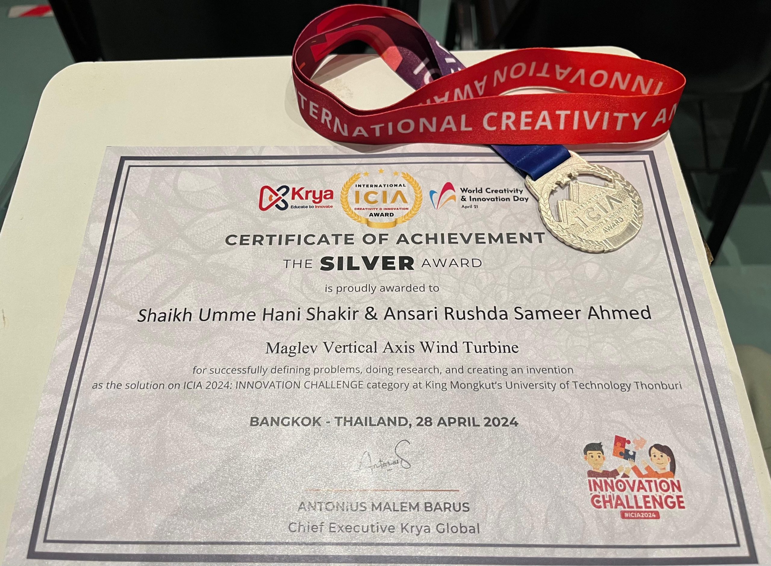 vAnsari Rushda Sameer Ahmed and Shaikh Umme Hani Shakir, proudly adorned with the Indian tricolor, received the SILVER MEDAL at the International Creativity and Innovation Award 2024